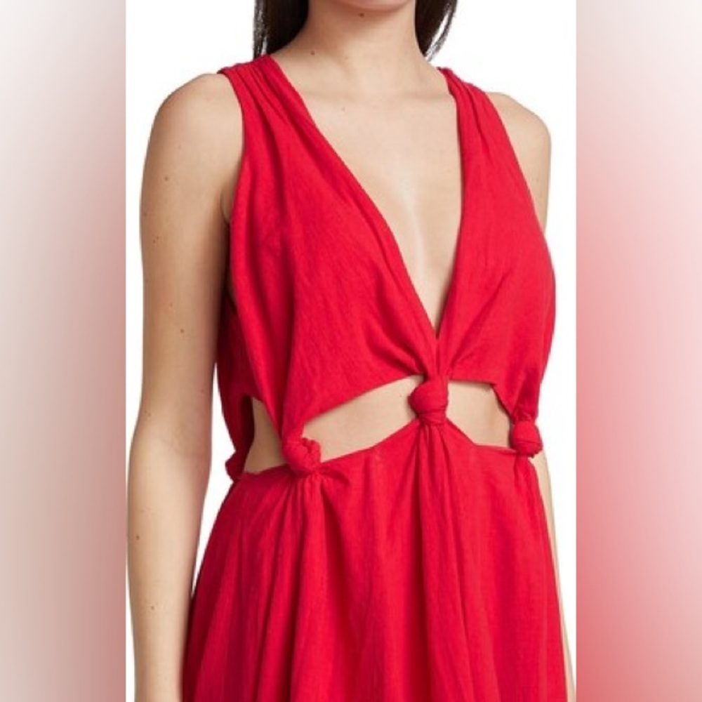 FARM RIO Red KNOTTED CUTOUT Plunge Neck Backless Sundress